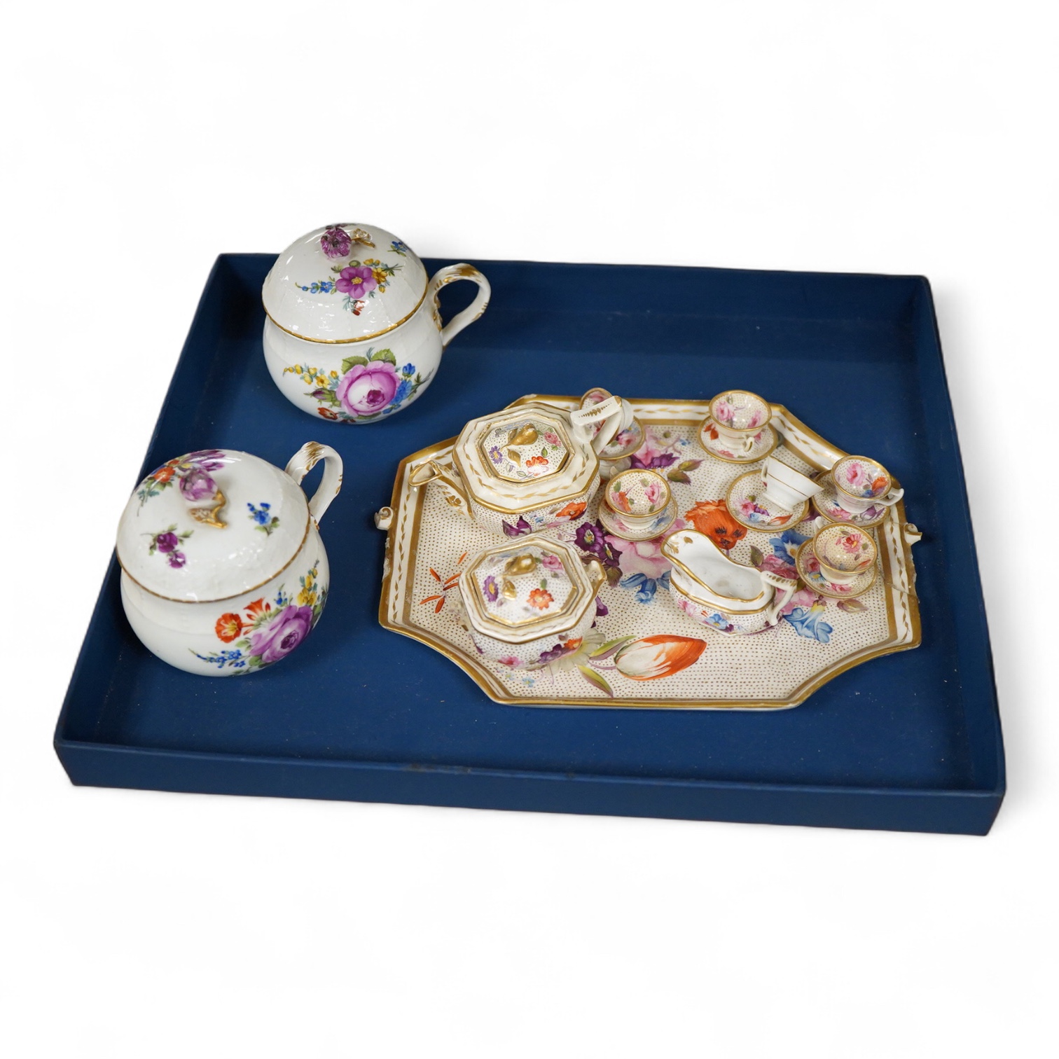 A pair of Meissen Marcolini period floral custard cups & covers together with an early 19th century English porcelain miniature tea set on tray, largest 20cm wide